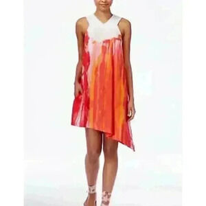 Rachel rachel Roy Asymmetrical Sleeves Coral Pink Abstract Ombré‎ Dress Size S